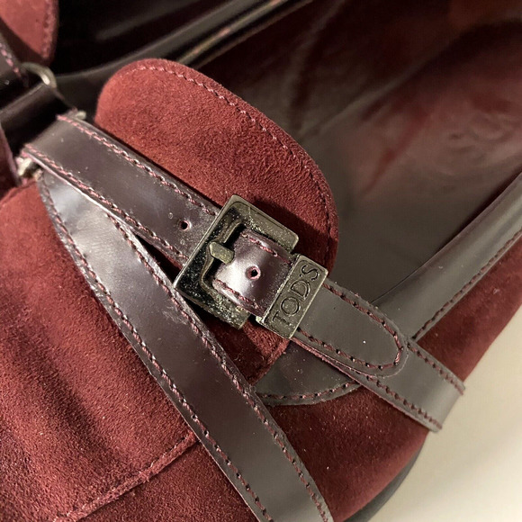 TOD's Loafer Round Toe Burgundy Red Suede Buckle Leather Strap 0.75" Hee… - Picture 6 of 11